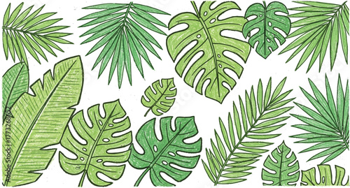 Collage contemporary floral seamless pattern. Modern exotic jungle fruits and plants illustration in vector