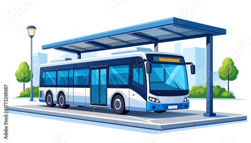 Modern white and blue city bus parked at a covered bus stop with a street lamp and trees, cartoon style illustration.