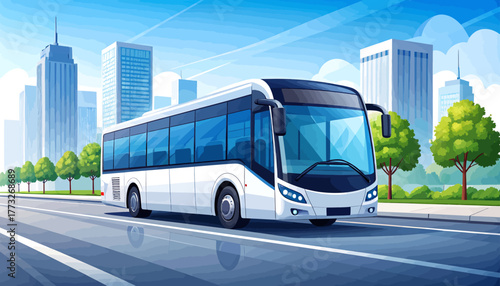 Modern white city bus driving on a clear road with urban skyline and trees in the background under a blue sky.