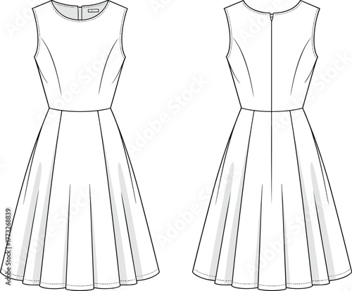 Sleeveless princess seam dress fashion template, CAD garment drawing, flat vector illustration, flared panel skirt design, fitted bodice sketch, clothing outline