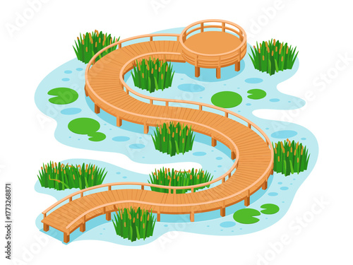 Elevated wooden pathway, circular lookout deck, winding lake marsh, cattails and lilies, adventure walkway, isometric nature scene