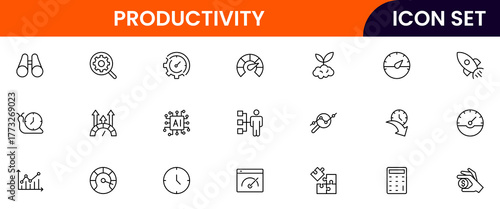 Productivity vector web line icon collection, sleek illustrations of tasks, clocks, calendars, efficiency tools for streamlined, effective designs.