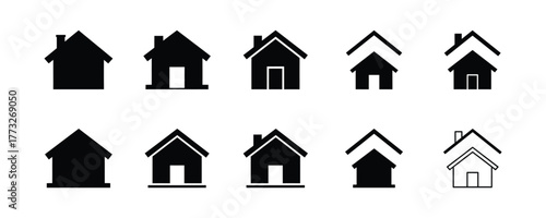 A collection of simple house icons, home symbols, and homepage pictograms for web design