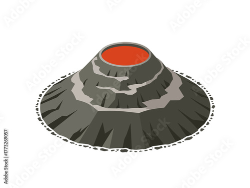 Volcanic crater island, dormant cone with red lava pool, geological landmark icon, nature disaster theme, vector illustration