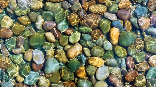  Smooth water-worn pebbles on a shallow stream bed with clear water flowing over them.