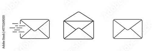 Email communication icons envelope sending, open, and closed