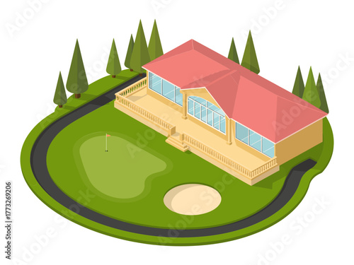 Luxury golf resort building, elevated terrace views, curated landscaping, fairway and green, premium clubhouse architecture, isometric countryside scene