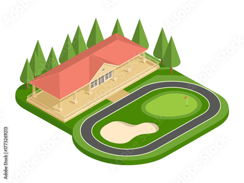Golf clubhouse with loop driveway, practice putting green, surrounding trees, sports venue, recreational facility architecture, isometric outdoor illustration