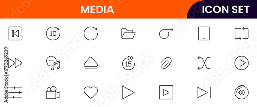 Media Vector web line icon collection, sleek illustrations of play, pause, volume, streaming for dynamic, multimedia designs.