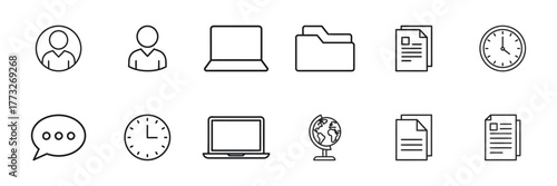 Collection of 12 diverse icons representing modern office, business, and technology concepts
