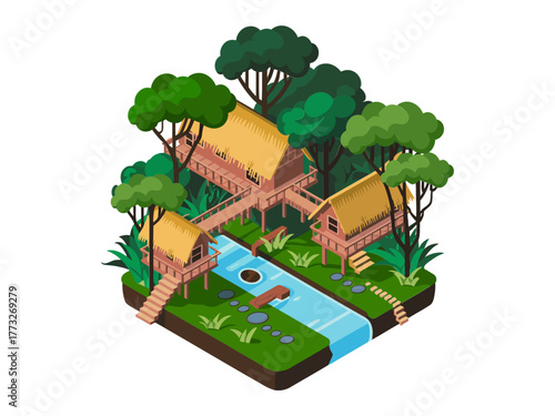 Jungle riverside homestay, thatched cabins, wooden footbridge, small canal pool, lush trees around, isometric vacation illustration