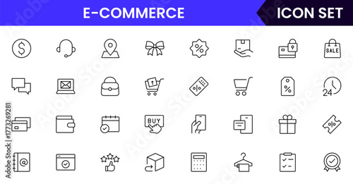 E-commerce vector web line icon collection, sleek illustrations of carts, payments, products, online shopping for vibrant, digital marketplace designs.