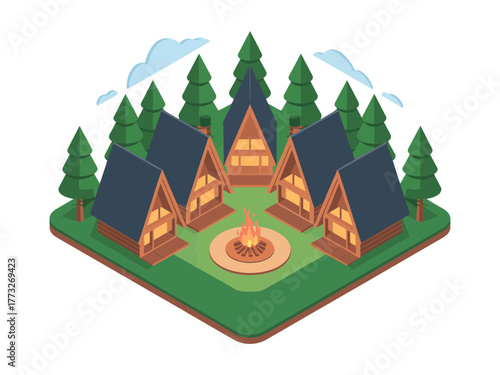Forest camp circle, A frame cabins around bonfire, pine trees surrounding, evening glow, cozy adventure getaway vector