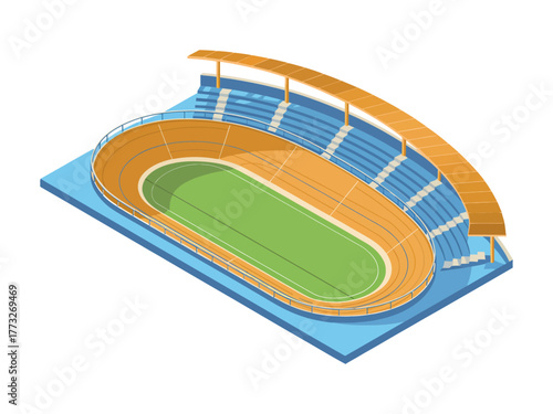 Isometric oval athletics stadium, tiered seating bowl, roof canopy, green field center, modern sports venue illustration