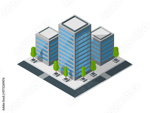 Isometric business district block, blue glass offices, four corner crosswalks, trees along sidewalks, real estate, city planning, vector