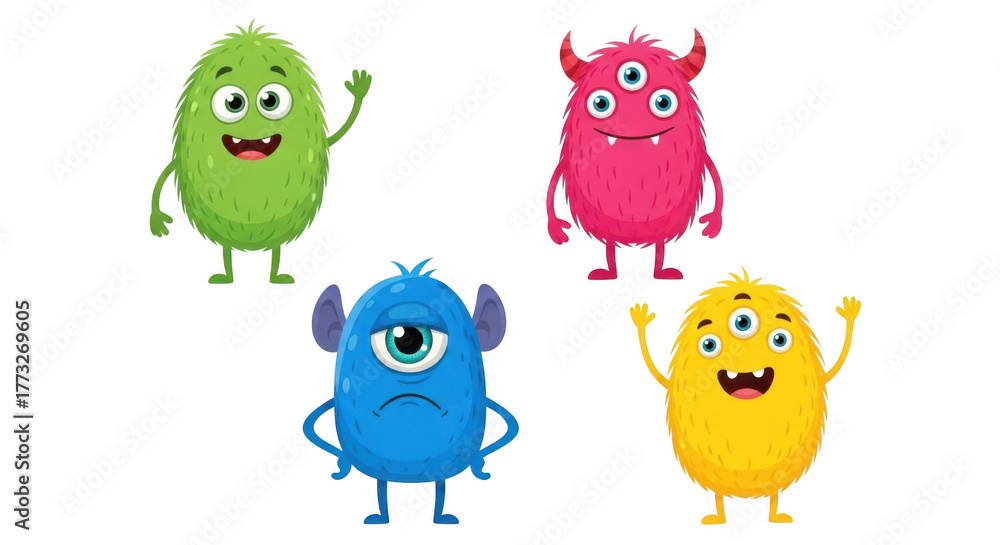 Naklejka premium Four colorful cartoon monsters with different expressions and poses isolated on transparent background