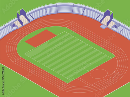 Isometric athletics arena rendering, oval running track, grass infield, covered grandstand, blue roof canopy, multi sport event venue