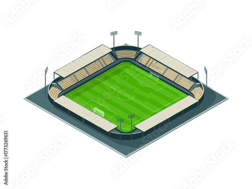 Compact soccer stadium, rectangular field with center circle, bleacher stands, night lighting poles, modern sports venue, vector