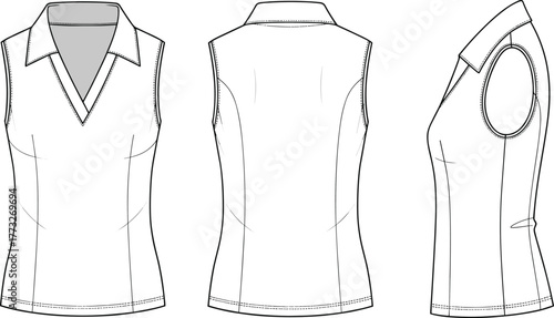 Sleeveless V neck top vector fashion flat template, women apparel CAD sketch with collar, technical drawing front back side views