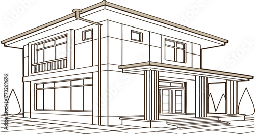 Modern Architectural Facade: A sleek, contemporary house design, showcasing a minimalist aesthetic with clean lines and geometric forms.