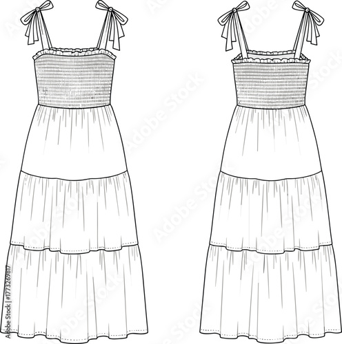 Smocked tiered midi dress flat sketch, sleeveless sundress CAD drawing, women’s summer dress vector template, ruffle fashion design illustration