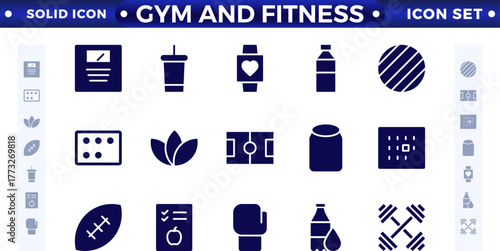 Gym and fitness icon set. Containing healthy lifestyle, weight training, body care, and workout or exercise equipment icons. Solid icon collection. 