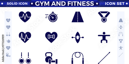 Gym and fitness icon set. Containing healthy lifestyle, weight training, body care, and workout or exercise equipment icons. Solid icon collection. 