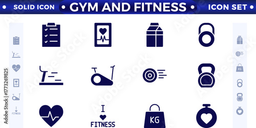 Gym and fitness icon set. Containing healthy lifestyle, weight training, body care, and workout or exercise equipment icons. Solid icon collection. 