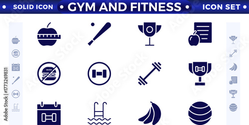 Gym and fitness icon set. Containing healthy lifestyle, weight training, body care, and workout or exercise equipment icons. Solid icon collection. 