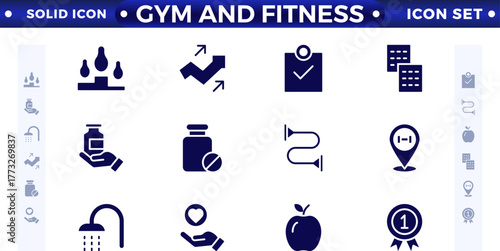 Gym and fitness icon set. Containing healthy lifestyle, weight training, body care, and workout or exercise equipment icons. Solid icon collection. 