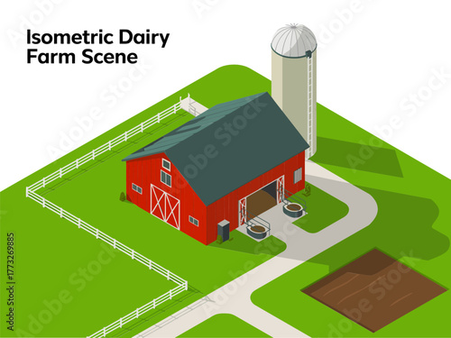 Isometric dairy farm scene, red barn building, tall silo, fenced lanes, milking area, rural agriculture illustration, vector
