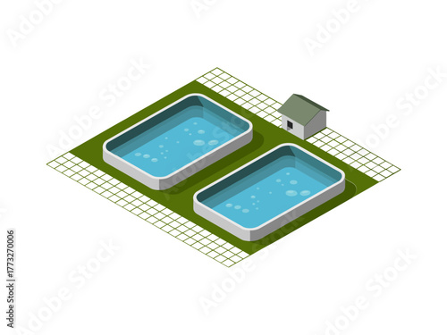 Water reservoir facility, twin rectangular ponds with filtration shed, clean supply system, irrigation storage, isometric environmental vector