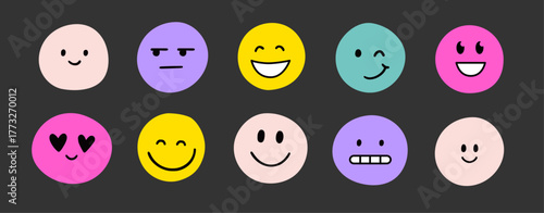 Face smile emoji doodle icon sticker set. Cute kid doodle style funny face emoji smile sticker. Funny cartoon emoticon heart, star, flower trendy character shape. Vector illustration