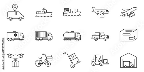 A versatile set of thin line icons for logistics, illustrating various modes of cargo transport, shipping, and delivery services