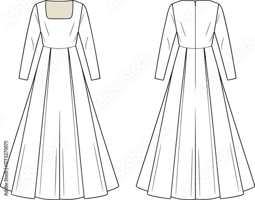 Square neckline dress fashion template, CAD garment drawing, flat vector illustration, fitted bodice design, flared skirt sketch, floor length gown outline