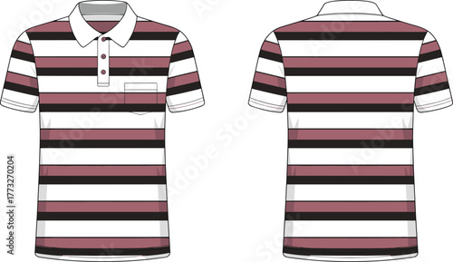 Striped polo shirt, short sleeve shirt, white collar polo, casual wear, men’s fashion, garment template, vector CAD drawing, apparel design, clothing illustration, flat vector