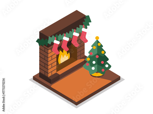 Isometric fireplace corner, holiday stockings hanging, warm hearth, decorated mantle with garland, seasonal home interior, vector illustration
