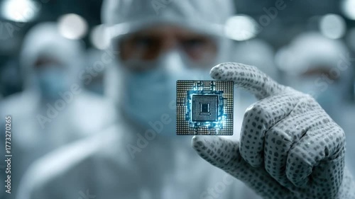 High-Tech Engineer Holding Microchip in Cleanroom Setting, Showcasing Advanced Technology and Innovation in Semiconductor Production Environment