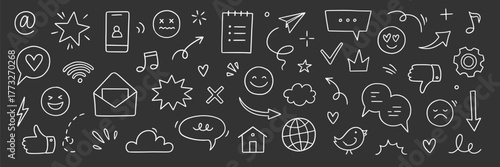 Emoji internet sketch icon set. Internet conversation, media outline tech emoji, star, arrow shape. Hand drawn sketch chat emoticon reaction, cloud, smile face on chalkboard. Vector illustration