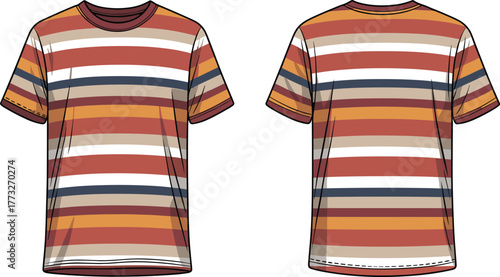 Striped t shirt front back view, horizontal stripe casual fashion, short sleeve round neck garment template, cad drawing flat vector illustration