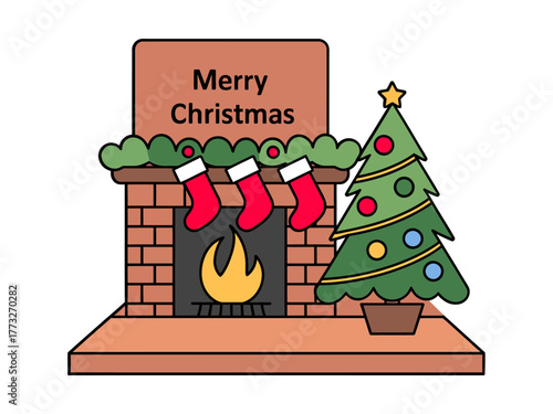 Cozy fireplace with Merry Christmas sign, stockings and tree, festive hearth scene, warm winter holiday home vector