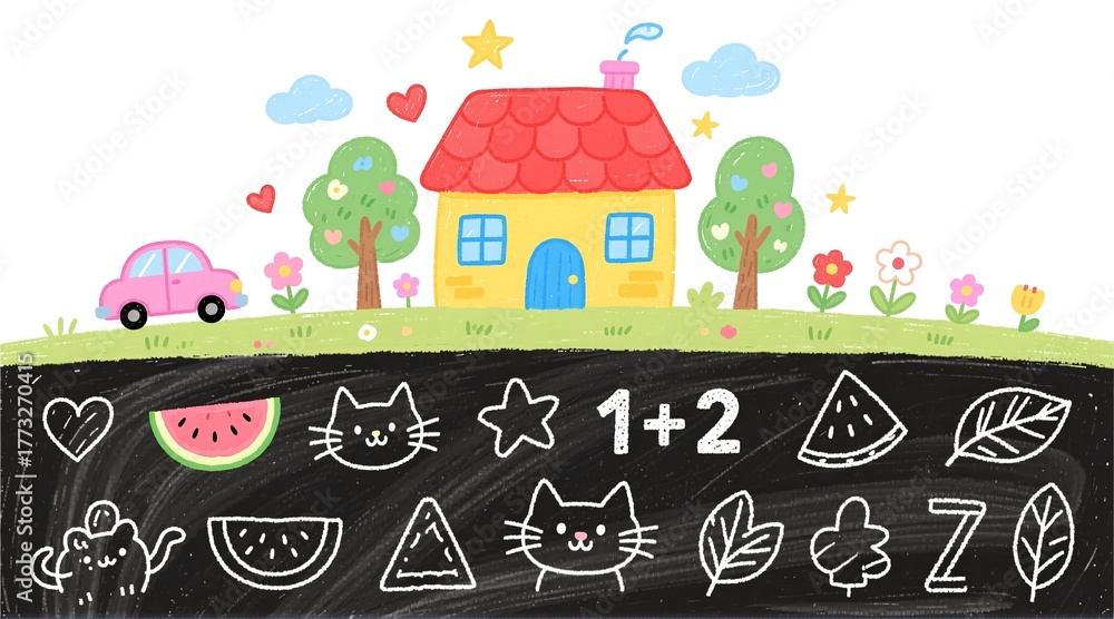Obraz premium A cute, hand-drawn illustration of a sunny countryside scene with a yellow house, pink car, and trees split by a chalkboard layer filled with doodles like cats, watermelons, leaves, and math equation