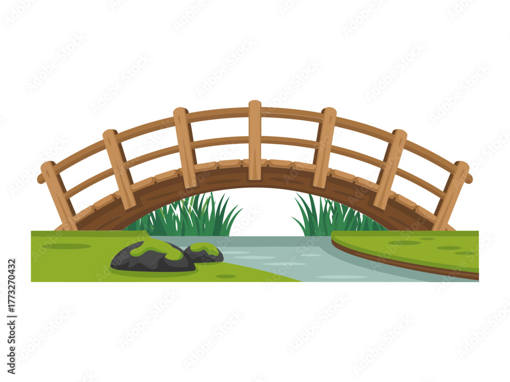 Naklejka premium Curved timber footbridge crossing shallow river, grassy embankments, tranquil park scenery, natural relaxation spot, detailed vector artwork