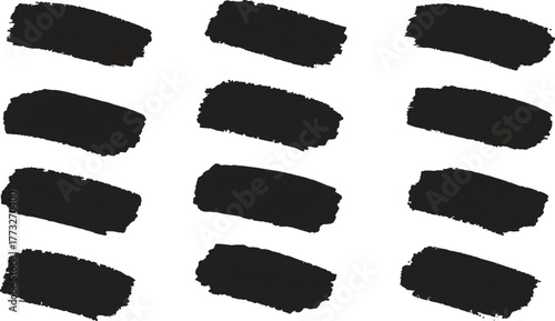 Ink brushstroke and paintbrush template with splashes grunge. Vector set black ink brush stroke. Dirty artistic design elements. Grunge splatter, dirt stain, brush with drops blots.