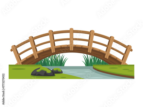 Curved timber footbridge crossing shallow river, grassy embankments, tranquil park scenery, natural relaxation spot, detailed vector artwork