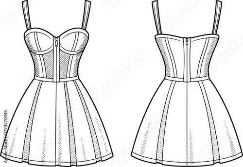 Sweetheart neckline dress fashion template, CAD garment drawing, flat vector illustration, corset bodice design, zipper front sketch, flared skirt outline