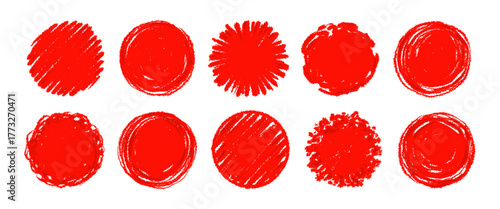 Red circle marker set. Circle frame design in red crayon brush lines and ink marks. Marker strokes with hand drawn doodle style create dynamic splash and paper drip. Vector illustration