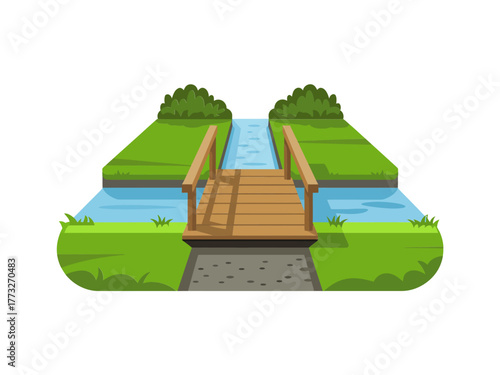 Front view garden bridge, stone path leading across water, trimmed hedges and grass, symmetrical landscaping, calm park vector