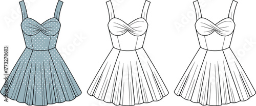 Sweetheart neckline pleated dress vector, fashion flat sketch, garment silhouette, technical apparel drawing, clothing template, digital fashion illustration, flared skirt design, CAD art