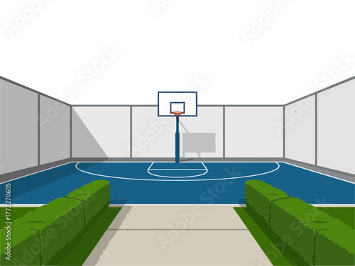 Indoor basketball court scene, hoop at far wall, gym flooring with benches, sports facility interior, modern vector illustration